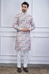 Off White and Multi Colored Printed Kurta Pajama
